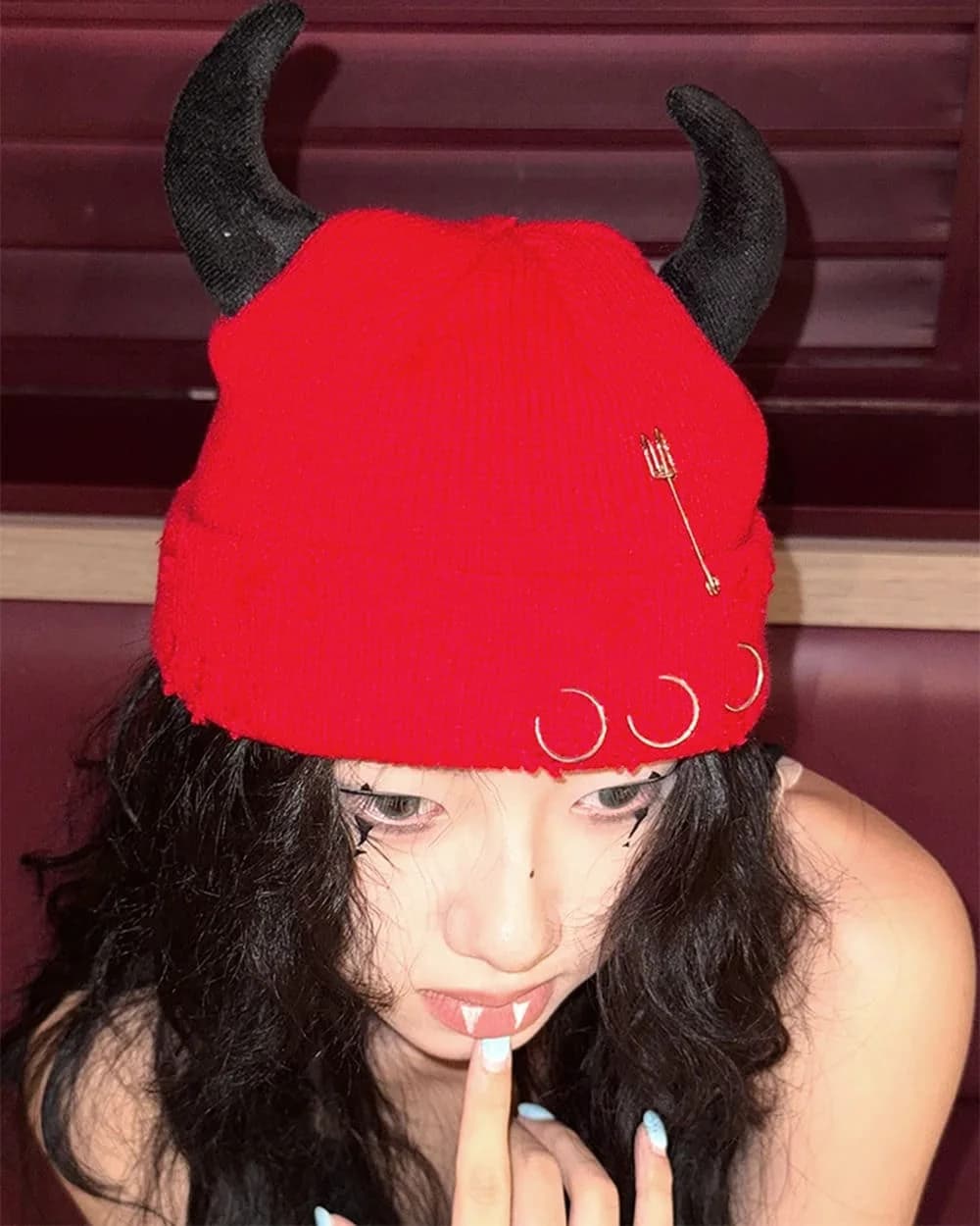 Devil Horns Knit Beanie Hat — view 3 Devil Horns Knit Beanie Hat — view 3