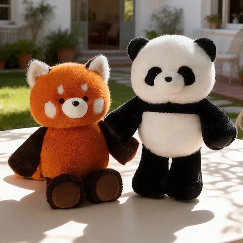 Running Red Panda and Panda Plushies — front view Running Red Panda and Panda Plushies — front view