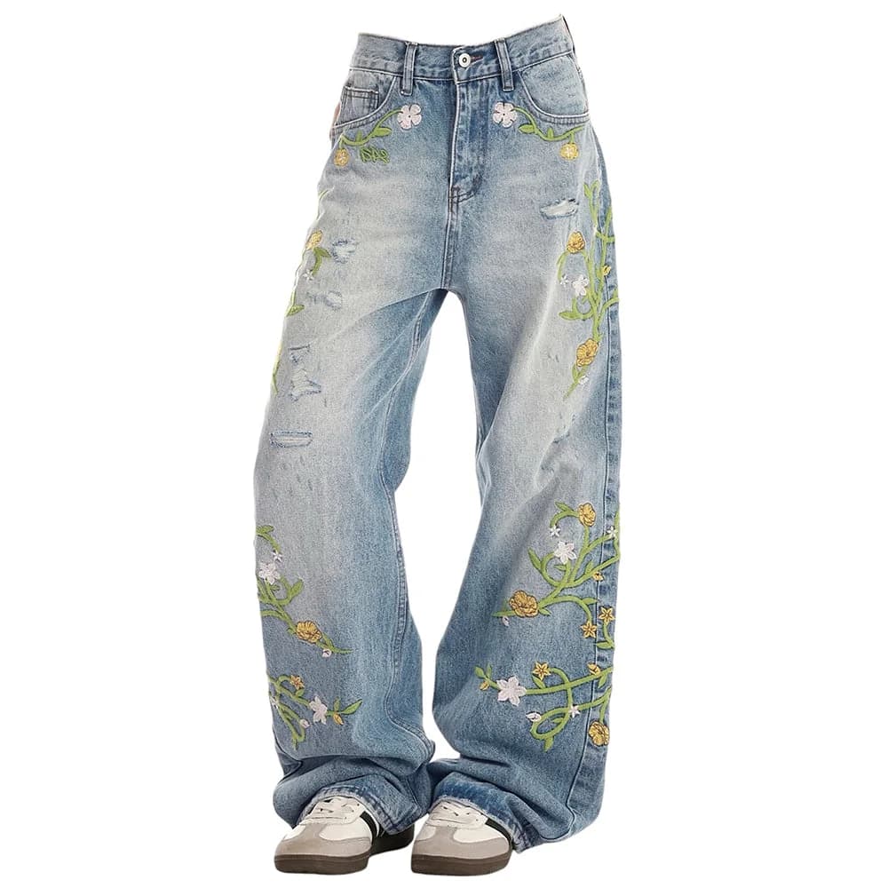 Floral Vine Fairycore Embroidery Jeans — view 1 Floral Vine Fairycore Embroidery Jeans — view 1