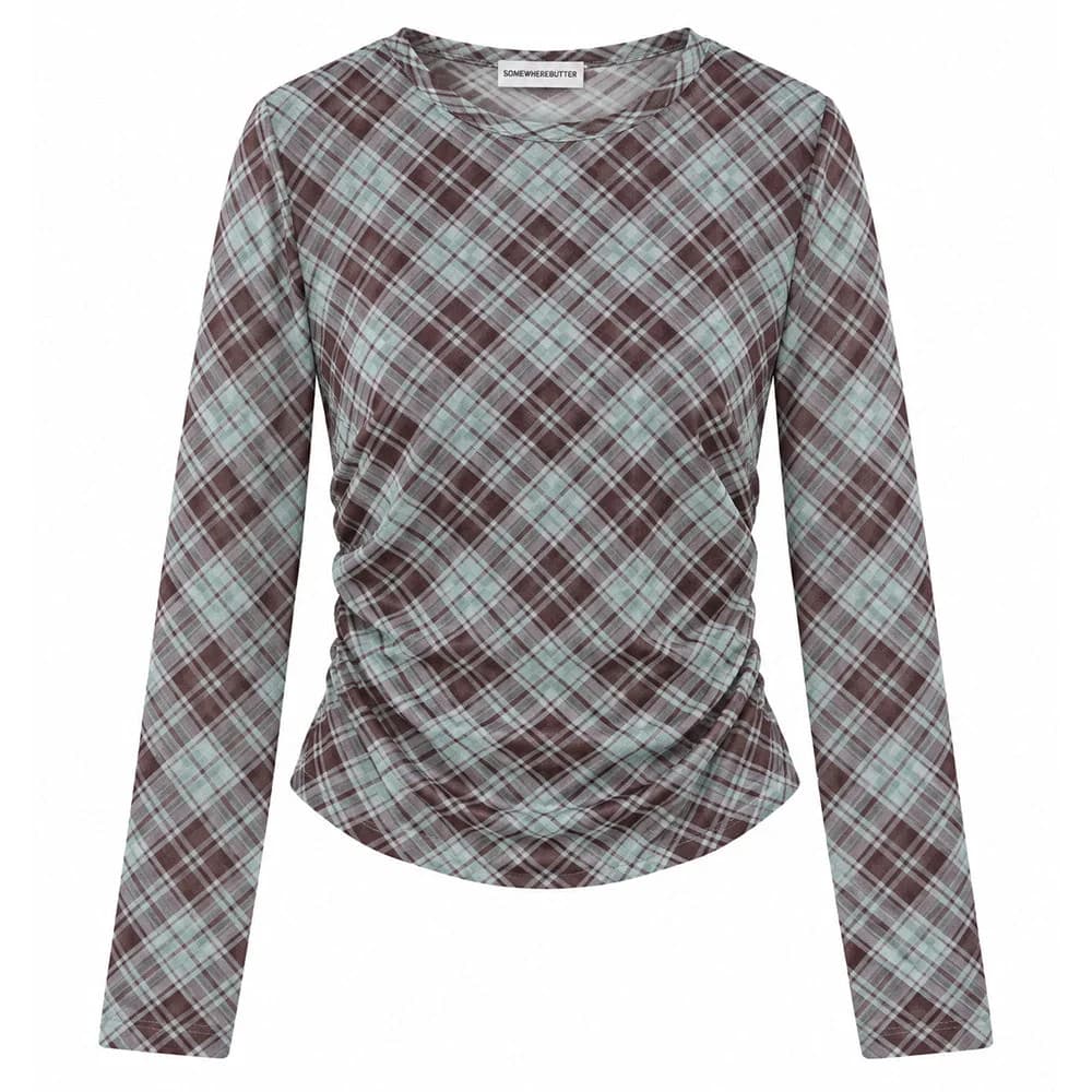 Diagonal Plaid Long Sleeve Mesh Top — view 1 Diagonal Plaid Long Sleeve Mesh Top — view 1