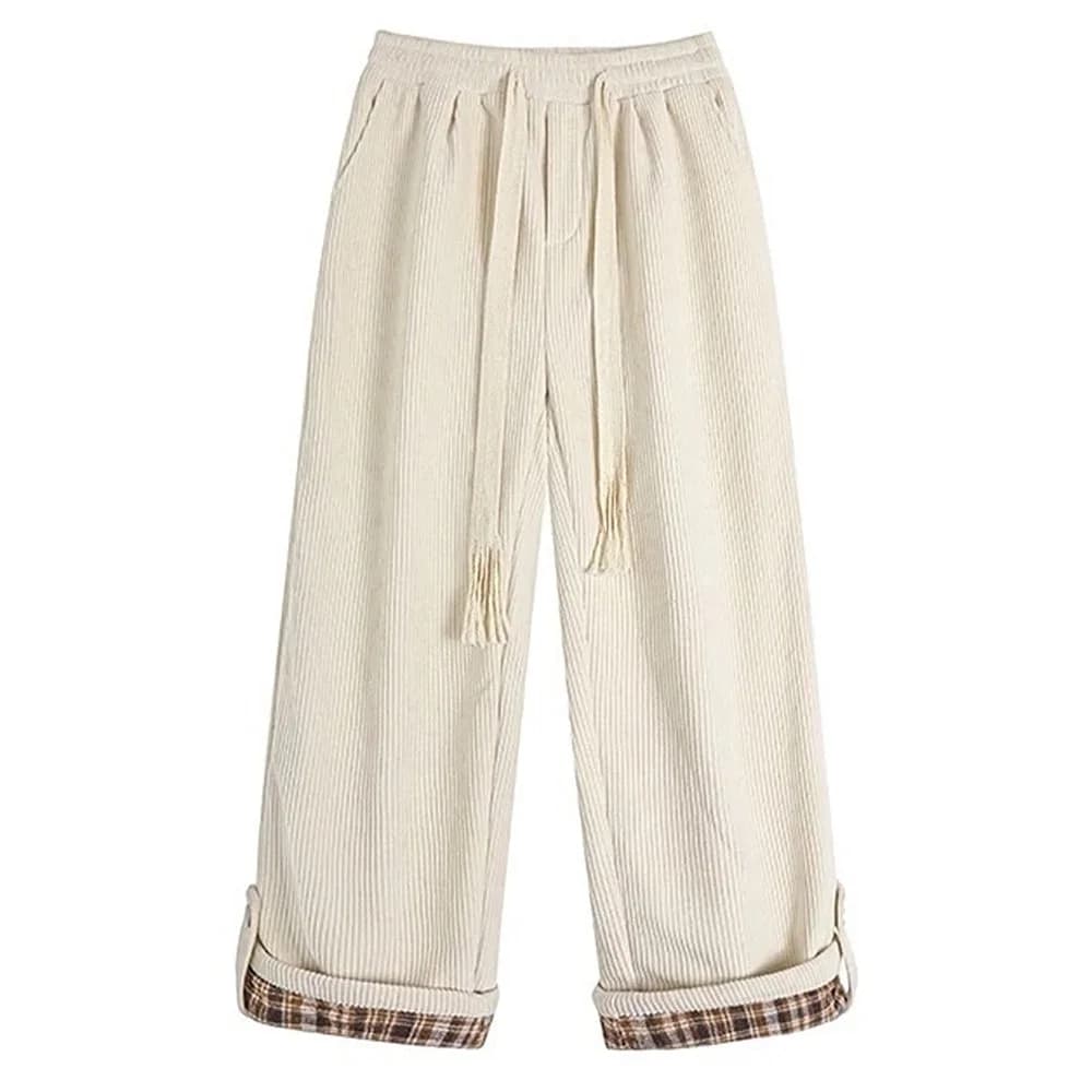 Cord Wide-Leg Pants with Plaid Cuffs — view 2 Cord Wide-Leg Pants with Plaid Cuffs — view 2
