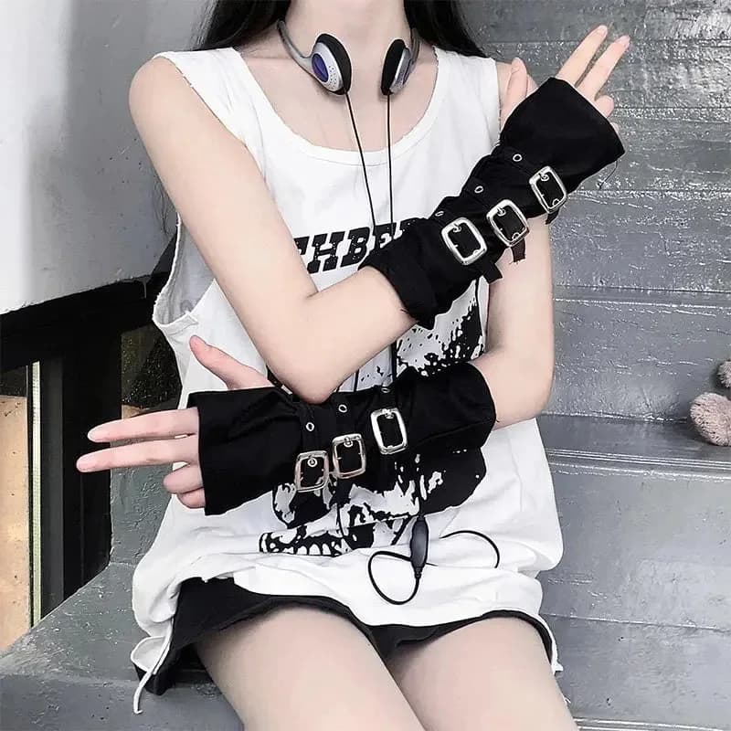 Visual Kei Black Multi-Buckle Arm Warmer Gauntlet Gloves — view 2 Visual Kei Black Multi-Buckle Arm Warmer Gauntlet Gloves — view 2