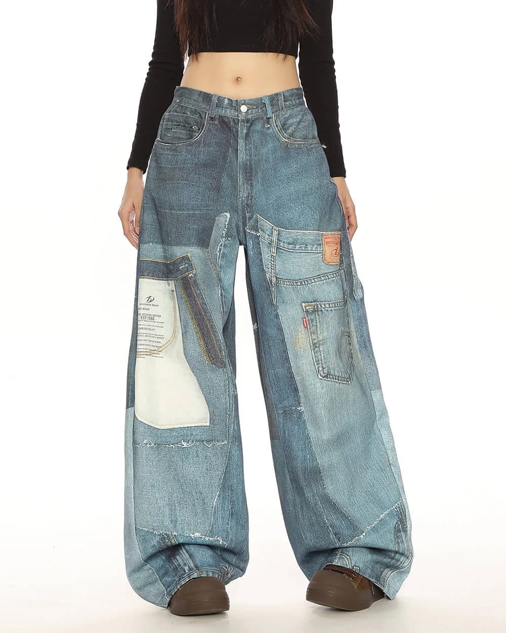 Printed Panel Look Baggy Denim Pants — view 3 Printed Panel Look Baggy Denim Pants — view 3