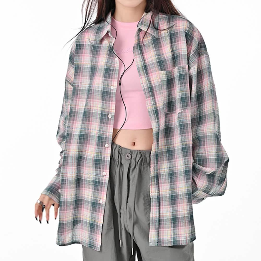 Pink and Green Plaid Button-Up Shirt — view 3 Pink and Green Plaid Button-Up Shirt — view 3