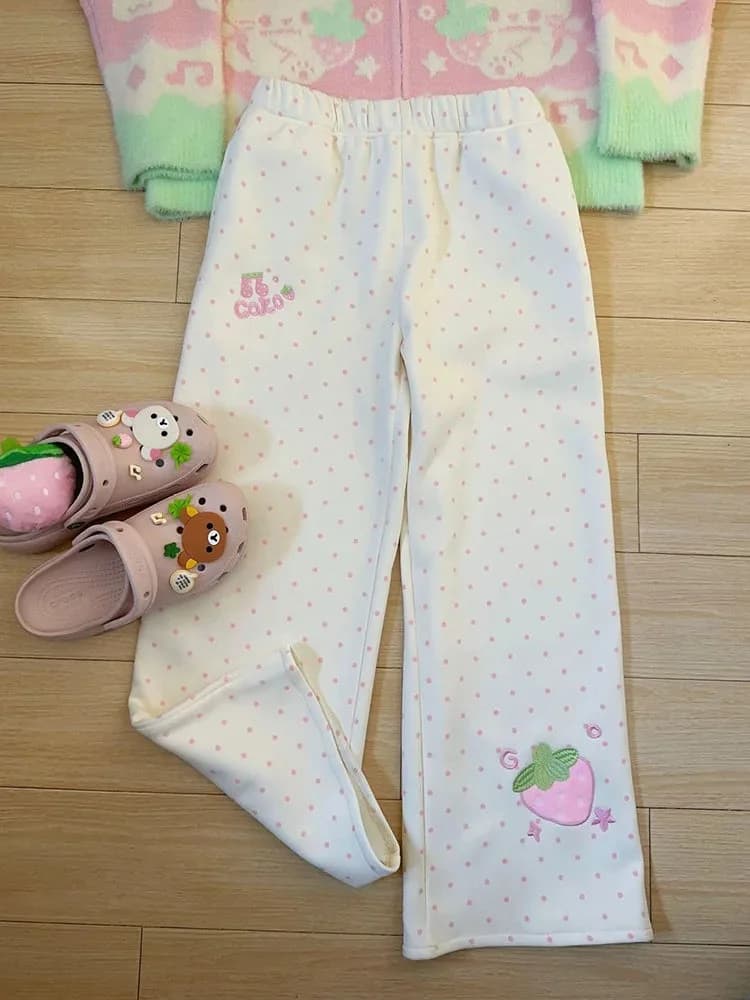 Fairy Kei Pastel Polka Dot Strawberry Embroidery Wide-Leg Pants — view 2 Fairy Kei Pastel Polka Dot Strawberry Embroidery Wide-Leg Pants — view 2