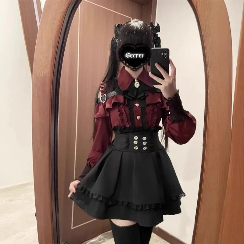 Jirai Kei Red Ruffle Blouse & Black Pleated Skirt Gothic Set — view 2 Jirai Kei Red Ruffle Blouse & Black Pleated Skirt Gothic Set — view 2