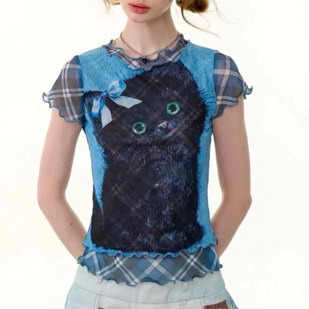 Black Kitten Print Y2K Plaid Top — view 2 Black Kitten Print Y2K Plaid Top — view 2