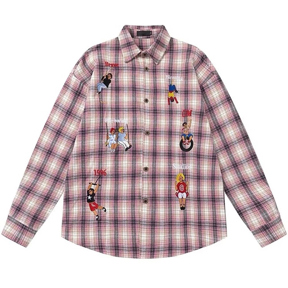 Indie Aesthetic Embroidered Plaid Shirt — view 2 Indie Aesthetic Embroidered Plaid Shirt — view 2