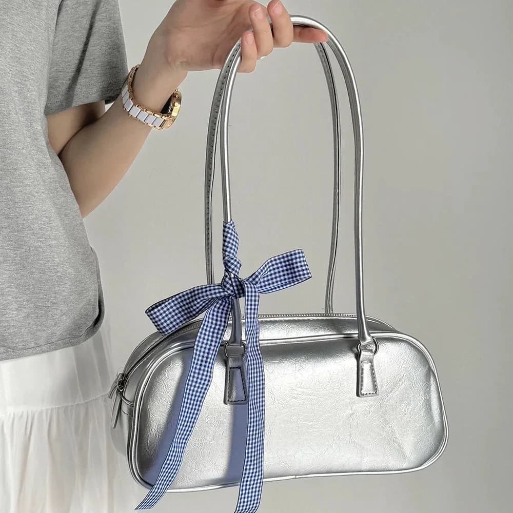 Silver Shoulder Bag with Gingham Bow — view 2 Silver Shoulder Bag with Gingham Bow — view 2