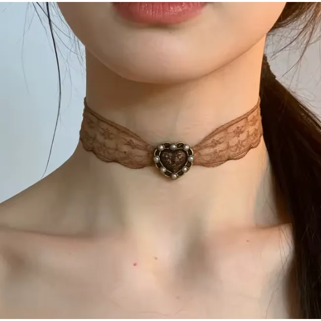 Brown Lace Choker Necklace — view 2 Brown Lace Choker Necklace — view 2
