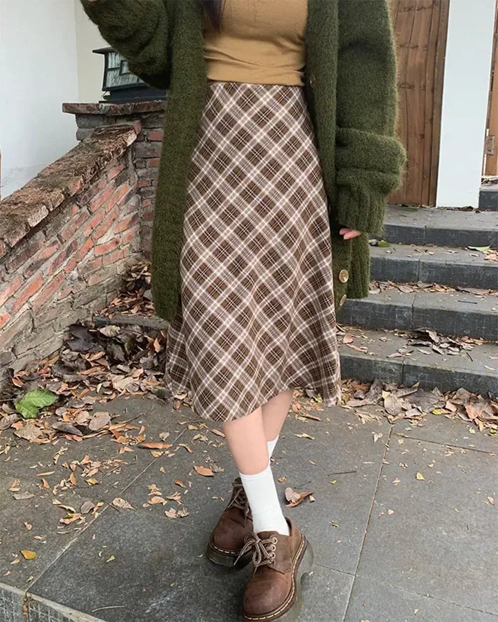 Worry Less Brown Plaid Midi Skirt — view 2 Worry Less Brown Plaid Midi Skirt — view 2