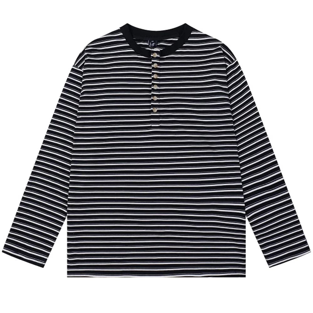 Relaxed Striped Button Up Long Sleeve Top — view 2 Relaxed Striped Button Up Long Sleeve Top — view 2