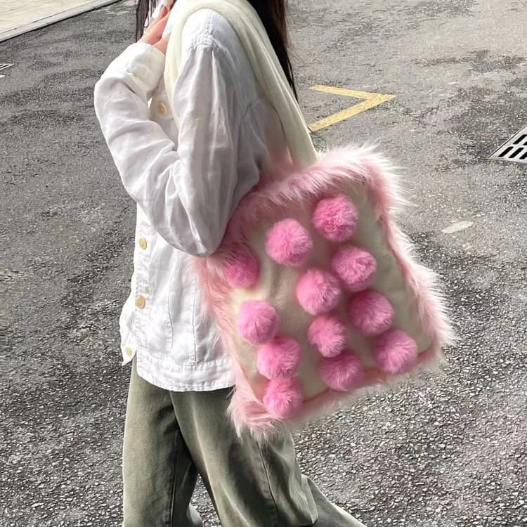 Fluffy Pom Poms Bag in Pink — view 2 Fluffy Pom Poms Bag in Pink — view 2