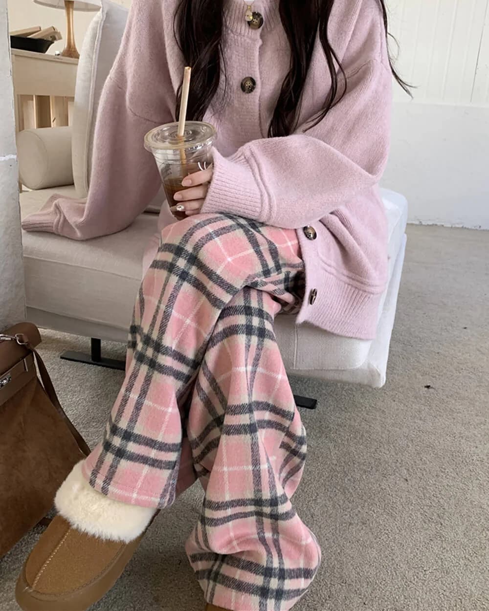 Pink Plaid Wide Leg Pants — view 3 Pink Plaid Wide Leg Pants — view 3
