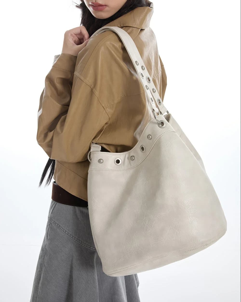 Too Busy Grommet Stud Beige Shoulder Bag — view 2 Too Busy Grommet Stud Beige Shoulder Bag — view 2