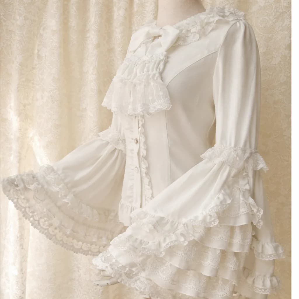 Jirai Kei Black Ruffle Lace Flare Sleeve Button Blouse — view 3 Jirai Kei Black Ruffle Lace Flare Sleeve Button Blouse — view 3