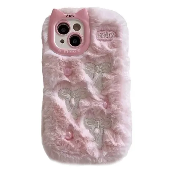 Bow Embroidery Fluffy iPhone Case — view 1 Bow Embroidery Fluffy iPhone Case — view 1