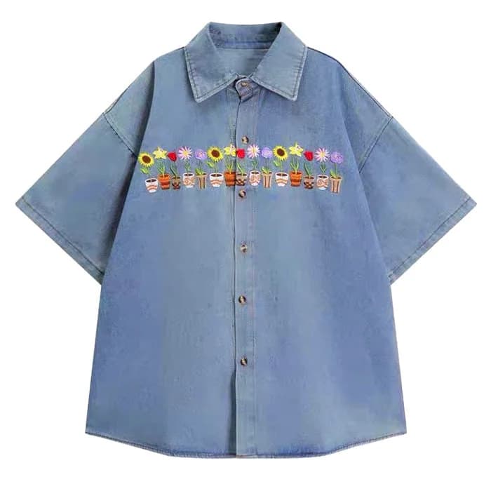 Plants & Pots Embroidery Denim Shirt — view 1 Plants & Pots Embroidery Denim Shirt — view 1
