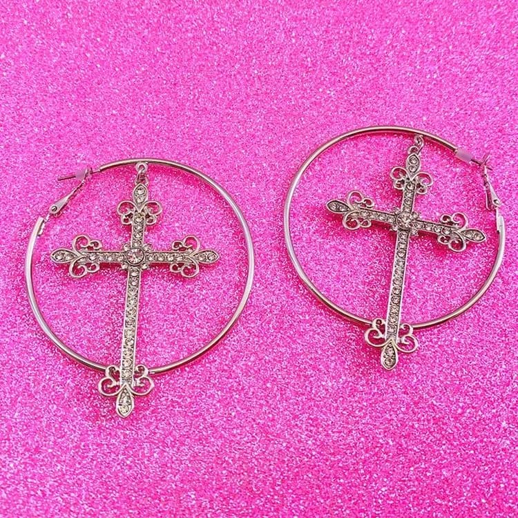 Crystal Cross Hoop Earrings — view 2 Crystal Cross Hoop Earrings — view 2