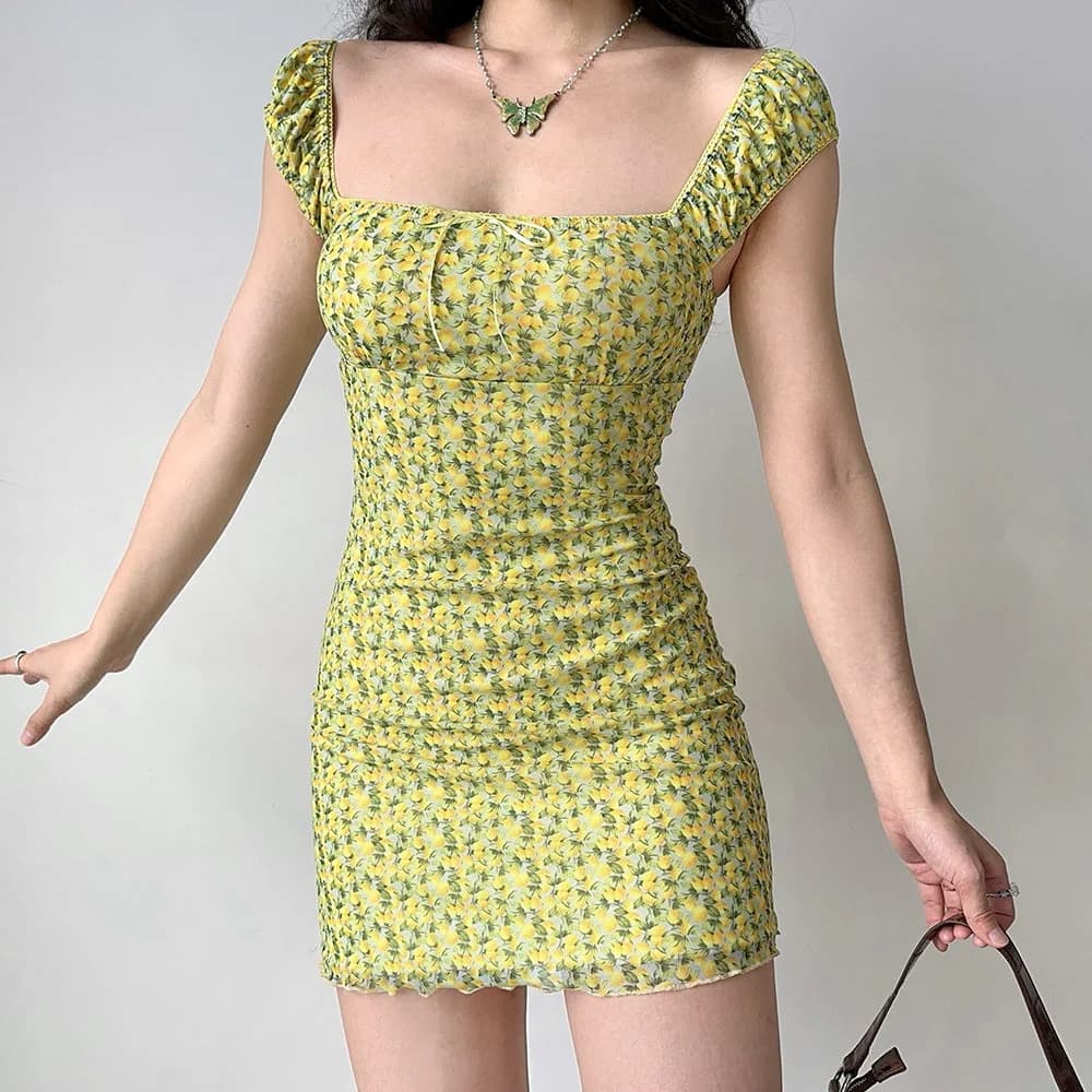 Amalfi Lemon Ruched Mini Dress — view 2 Amalfi Lemon Ruched Mini Dress — view 2