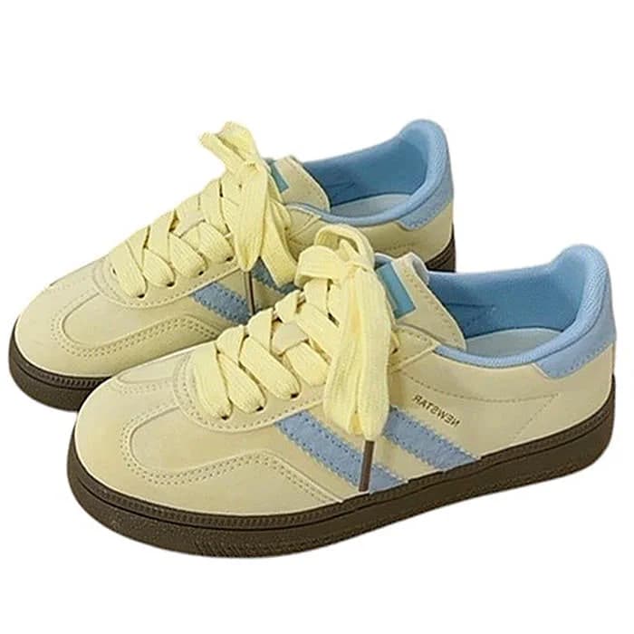 Pastel Yellow & Blue Stripe Sneakers — view 1 Pastel Yellow & Blue Stripe Sneakers — view 1