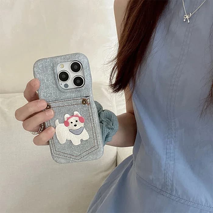 Dog Embroidered Denim iPhone Case — view 2 Dog Embroidered Denim iPhone Case — view 2