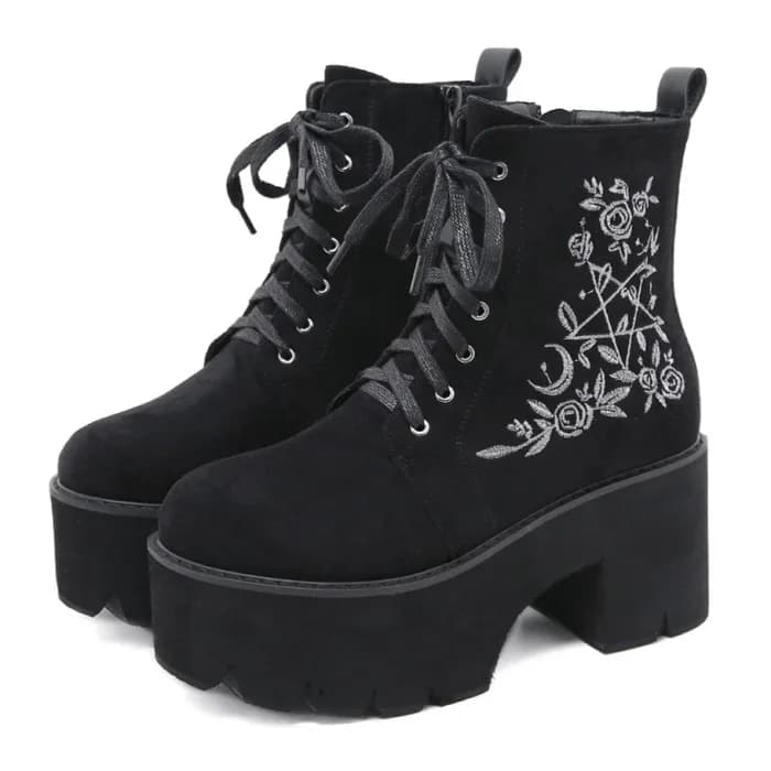 Black Goth Star Embroidered Platform Boots — view 1 Black Goth Star Embroidered Platform Boots — view 1