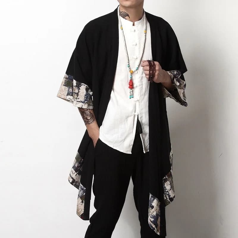 Japanese Collage Paint Black Men's Yukata Kimono Jacket — view 2 Japanese Collage Paint Black Men's Yukata Kimono Jacket — view 2