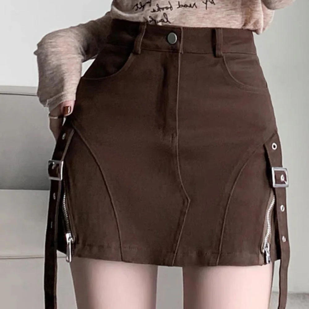 Brown Denim Buckle Skirt — view 3 Brown Denim Buckle Skirt — view 3