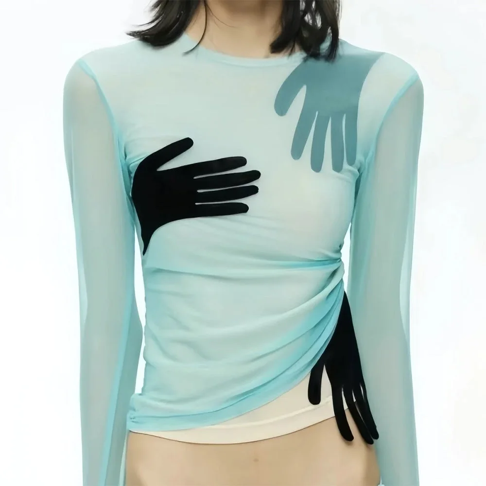 Sheer Hand Print Long Sleeve Top — view 1 Sheer Hand Print Long Sleeve Top — view 1