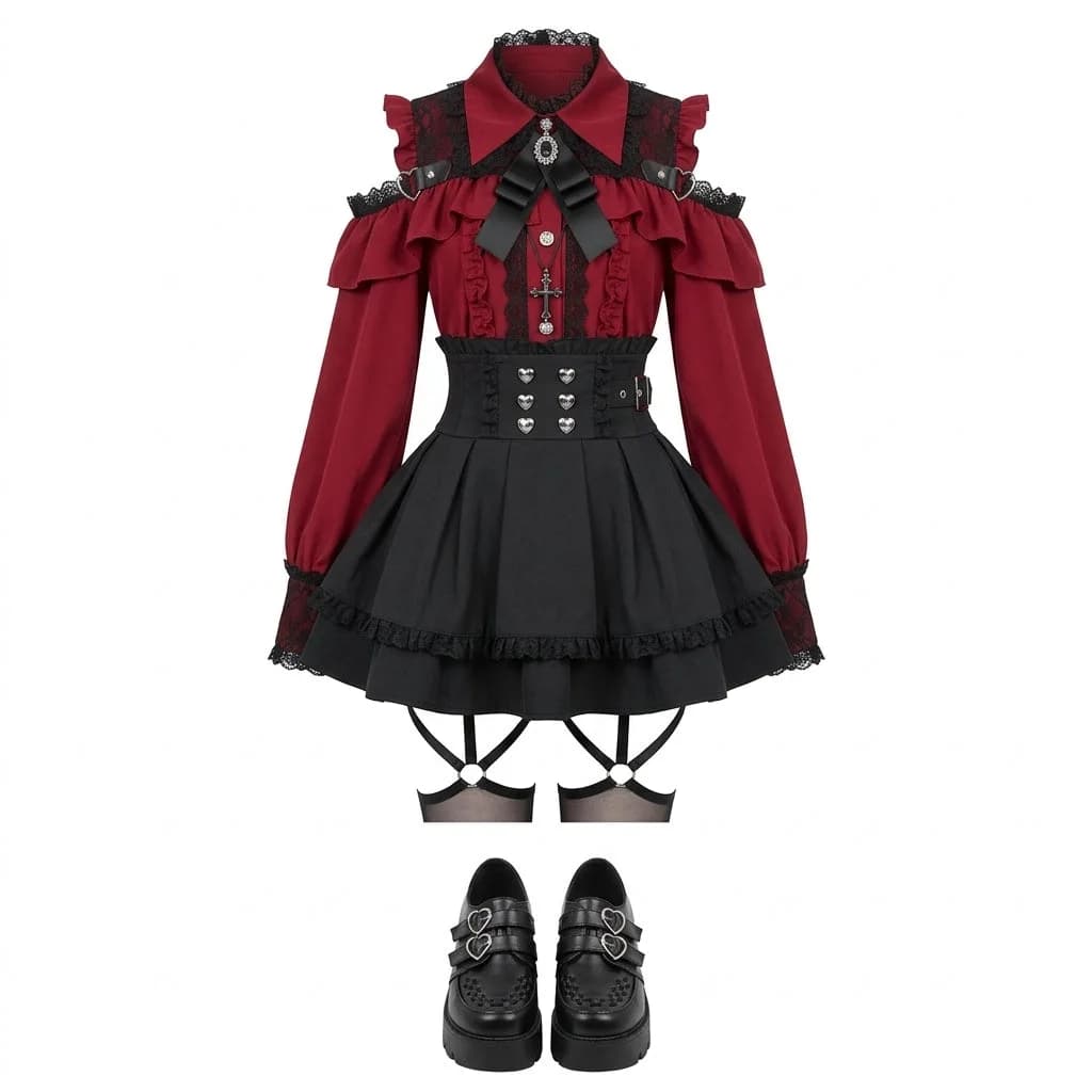 Jirai Kei Red Ruffle Blouse & Black Pleated Skirt Gothic Set — view 1 Jirai Kei Red Ruffle Blouse & Black Pleated Skirt Gothic Set — view 1
