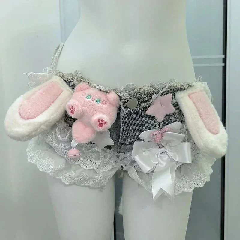 Bunny Bow Lace Denim Shorts — view 2 Bunny Bow Lace Denim Shorts — view 2