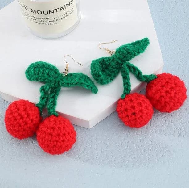 Crochet Cherry Earrings — view 3 Crochet Cherry Earrings — view 3