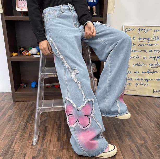 Pastel Butterfly Wide Leg Jeans — view 3 Pastel Butterfly Wide Leg Jeans — view 3