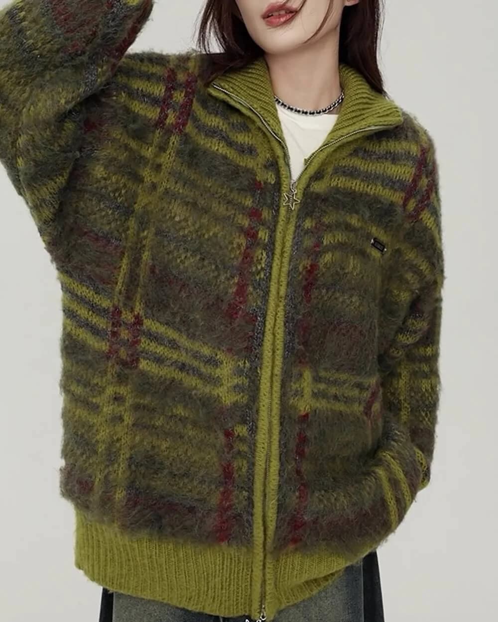 Indie Kid Fuzzy Plaid Zip Up Sweater — view 3 Indie Kid Fuzzy Plaid Zip Up Sweater — view 3