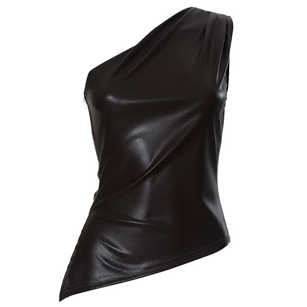 Asymmetric One Shoulder Leather Top — view 1 Asymmetric One Shoulder Leather Top — view 1