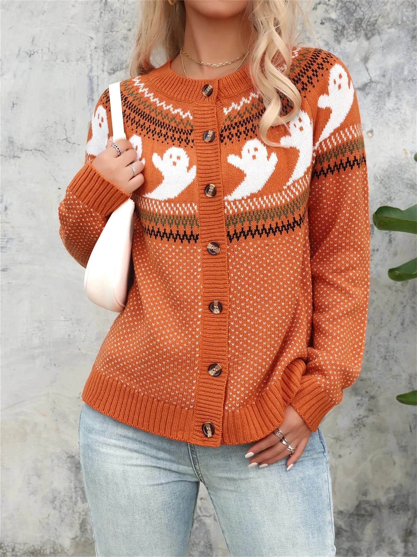 Halloween Ghost Knit Button Front Cardigan — view 1 Halloween Ghost Knit Button Front Cardigan — view 1