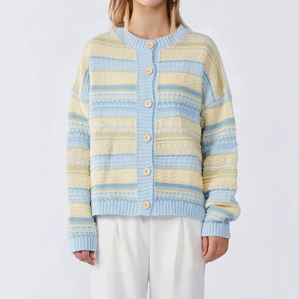 Blue & Yellow Pastel Striped Cardigan — view 2 Blue & Yellow Pastel Striped Cardigan — view 2