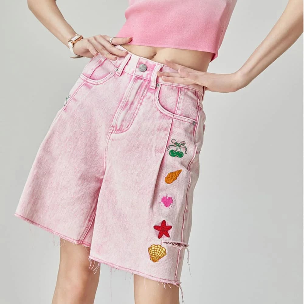 Ocean Embroidered Denim Shorts — view 2 Ocean Embroidered Denim Shorts — view 2