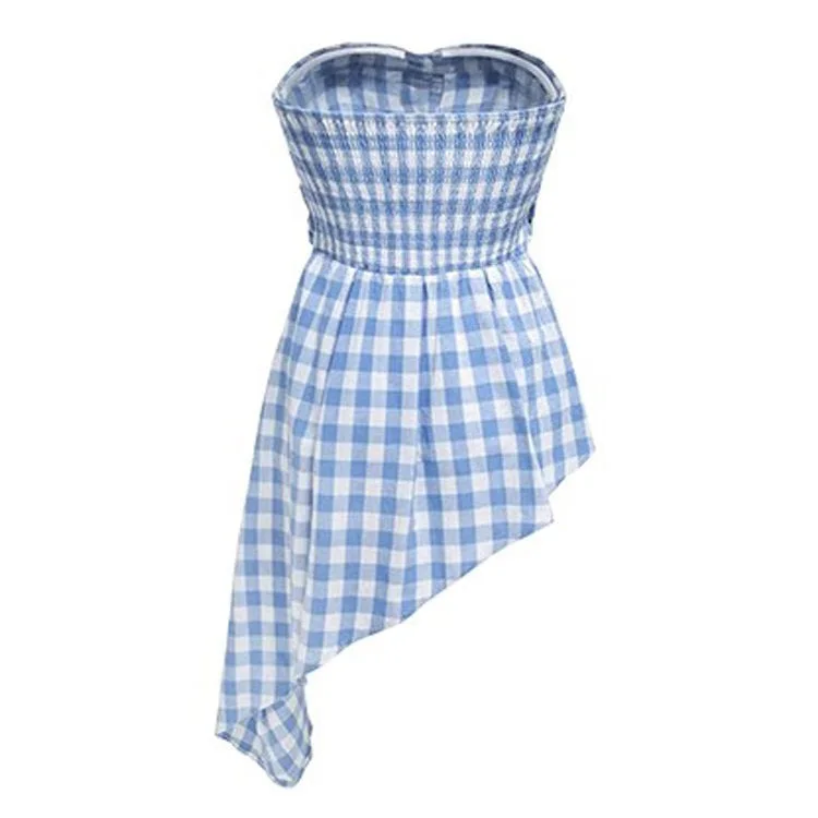 Baby Blue Plaid Off Shoulder Shirt — view 2 Baby Blue Plaid Off Shoulder Shirt — view 2
