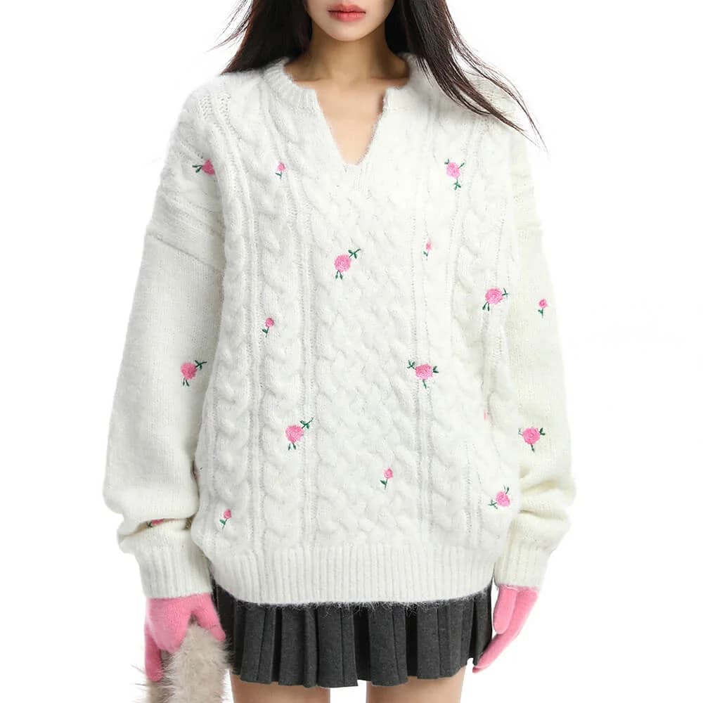 Cottagecore Cable Knit Rose Sweater — view 1 Cottagecore Cable Knit Rose Sweater — view 1