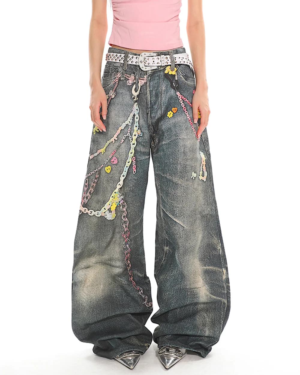 Y2K Printed Chain & Charm Baggy Jeans — view 2 Y2K Printed Chain & Charm Baggy Jeans — view 2
