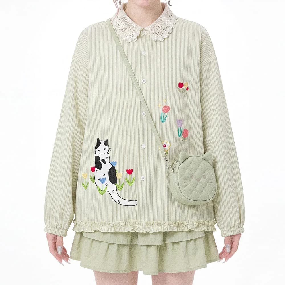 Green Cottagecore Cat & Flower Embroidery Shirt — view 2 Green Cottagecore Cat & Flower Embroidery Shirt — view 2