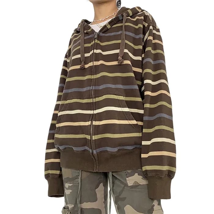 Brown Striped Aesthetic Hoodie — view 2 Brown Striped Aesthetic Hoodie — view 2
