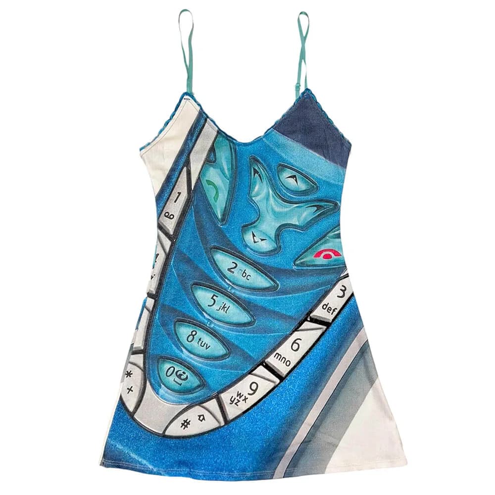 Mobile Phone Print Y2K Mini Dress — view 1 Mobile Phone Print Y2K Mini Dress — view 1