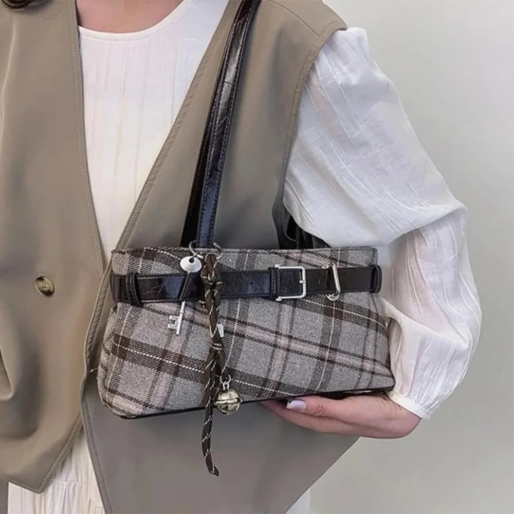 Gossip Goes Around Plaid Belted Bag — view 3 Gossip Goes Around Plaid Belted Bag — view 3