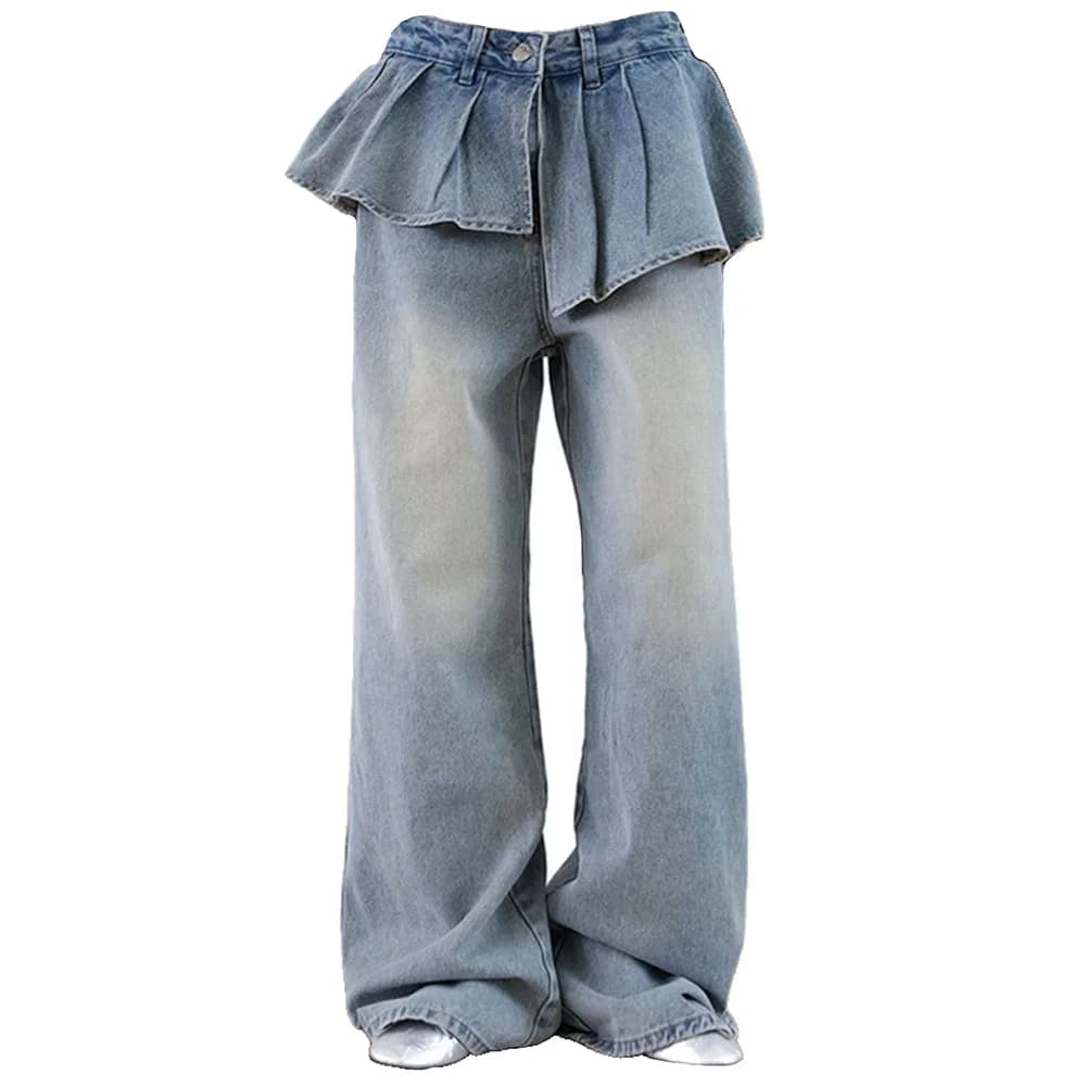 Peplum Waist Denim Wide Leg Jeans — view 1 Peplum Waist Denim Wide Leg Jeans — view 1