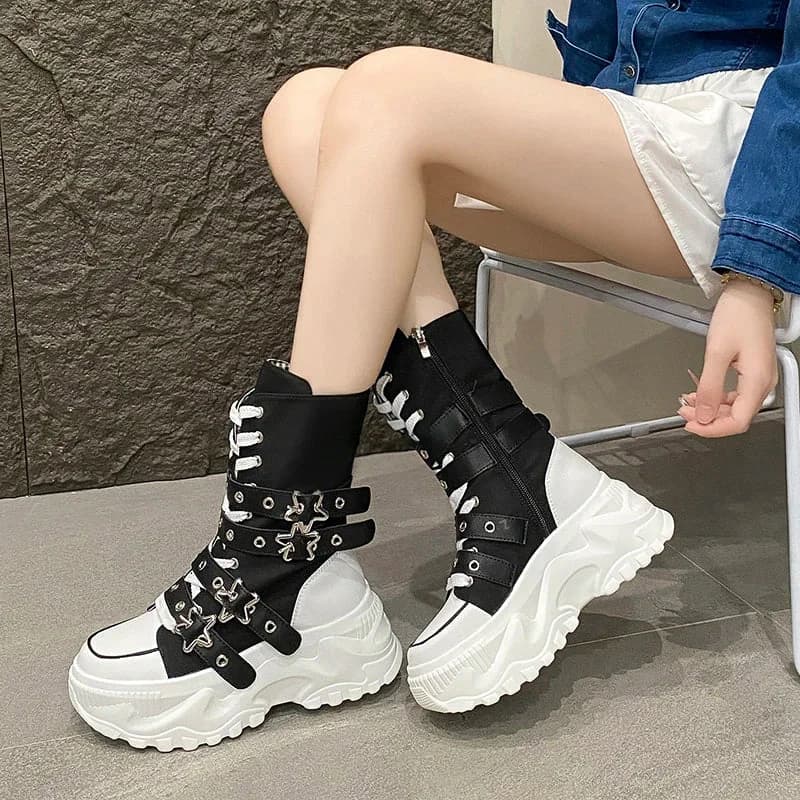Jirai Kei Red Gingham Platform High-Top Lace-Up Boots with Star Buckle — view 3 Jirai Kei Red Gingham Platform High-Top Lace-Up Boots with Star Buckle — view 3