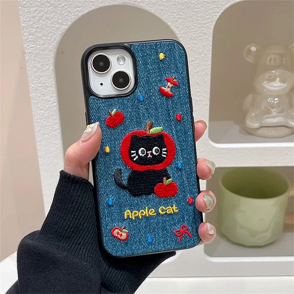 Apple Cat Embroidery iPhone Case — view 2 Apple Cat Embroidery iPhone Case — view 2