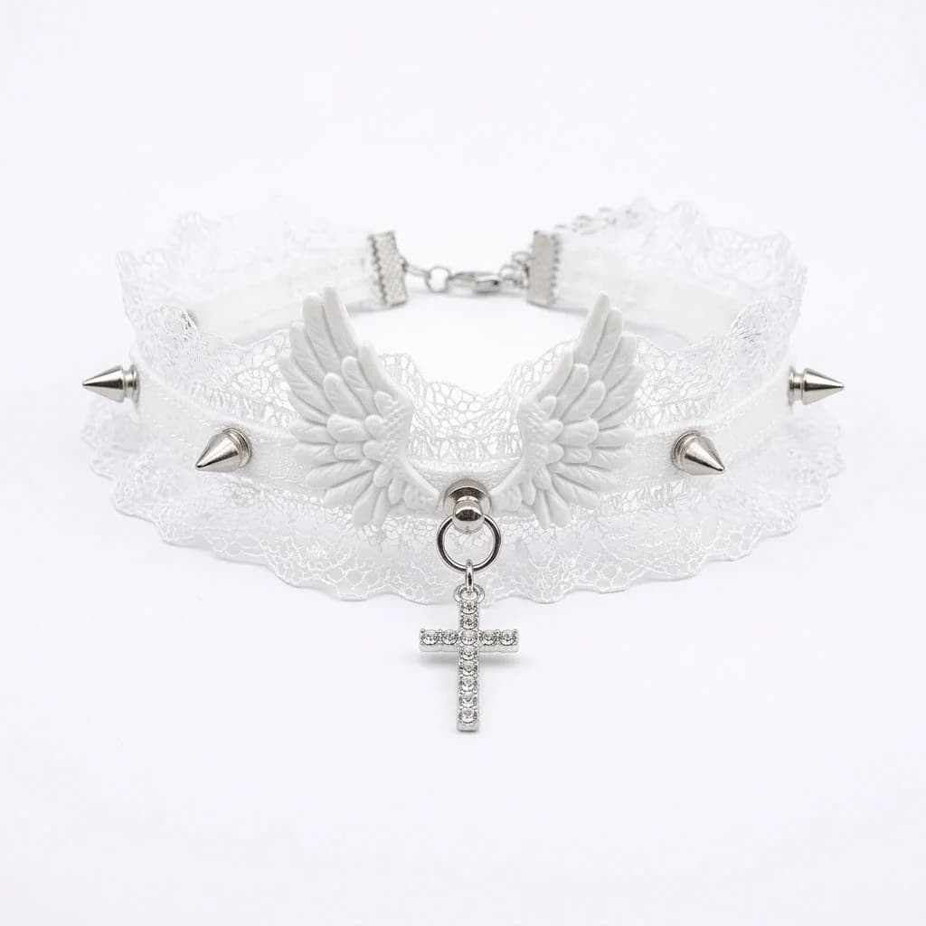 Visual Kei White Lace Angel Wing Spike Cross Choker — view 1 Visual Kei White Lace Angel Wing Spike Cross Choker — view 1